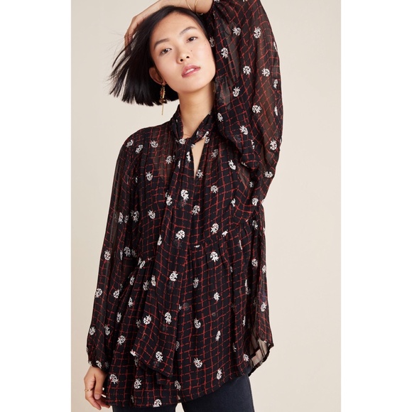 Anthropologie Elysia Embroidered Tie Blouse New S - Picture 2 of 12